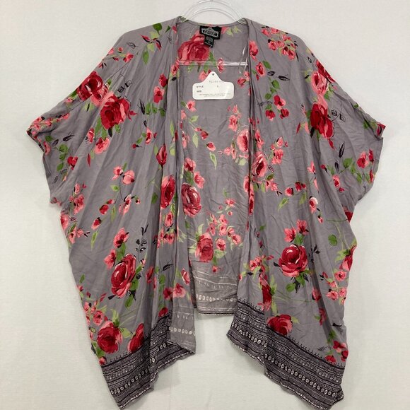 New Angie size Large Gray Red Floral Open Soft Flowy Duster Kimono Feminine - Picture 1 of 9
